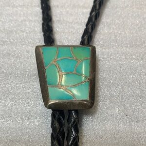 Turquoise and  Black Leather Bolo Tie Navajo